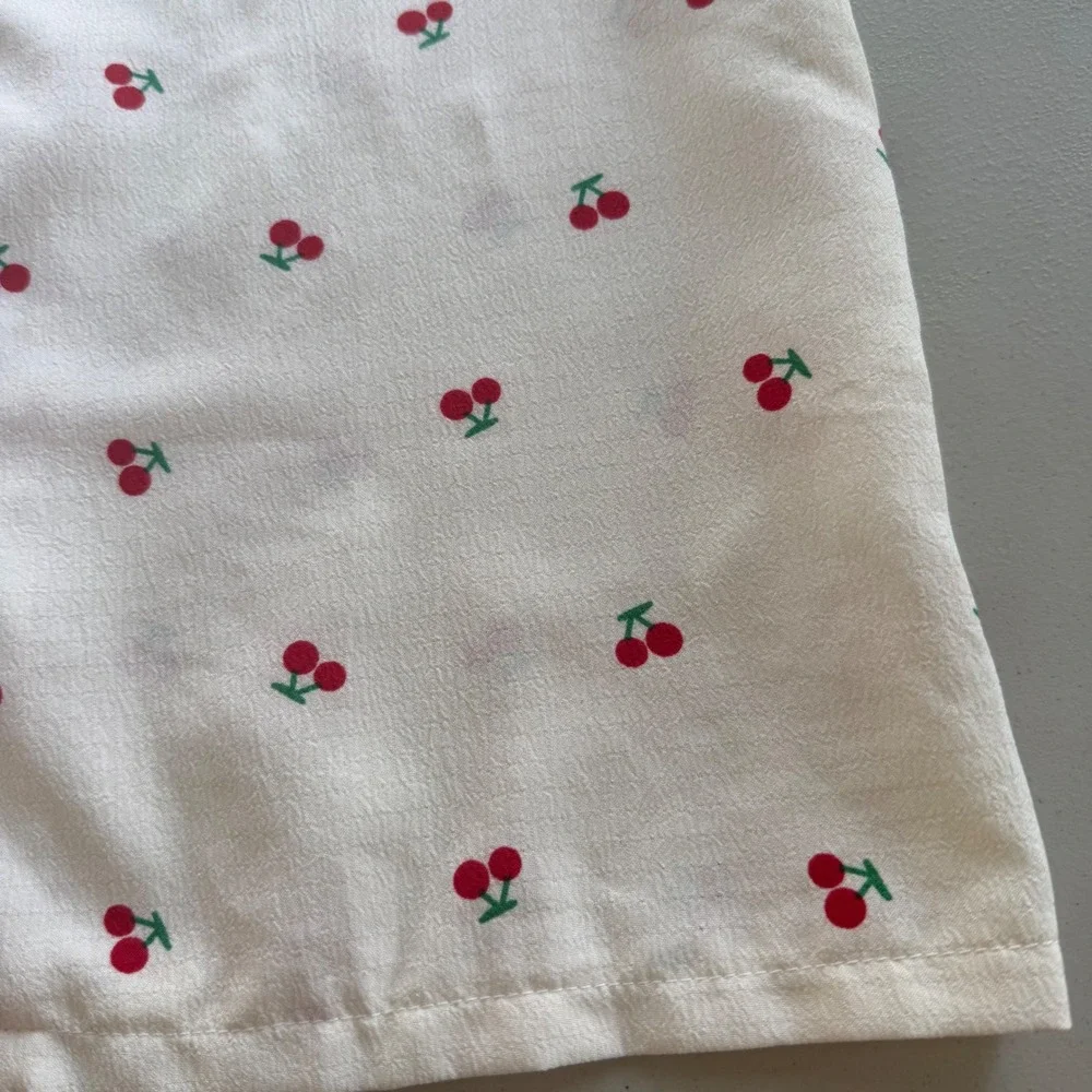 Women M Cream Red Cherry Print Pajama Set Short Sleeve Button Down Top and Pants